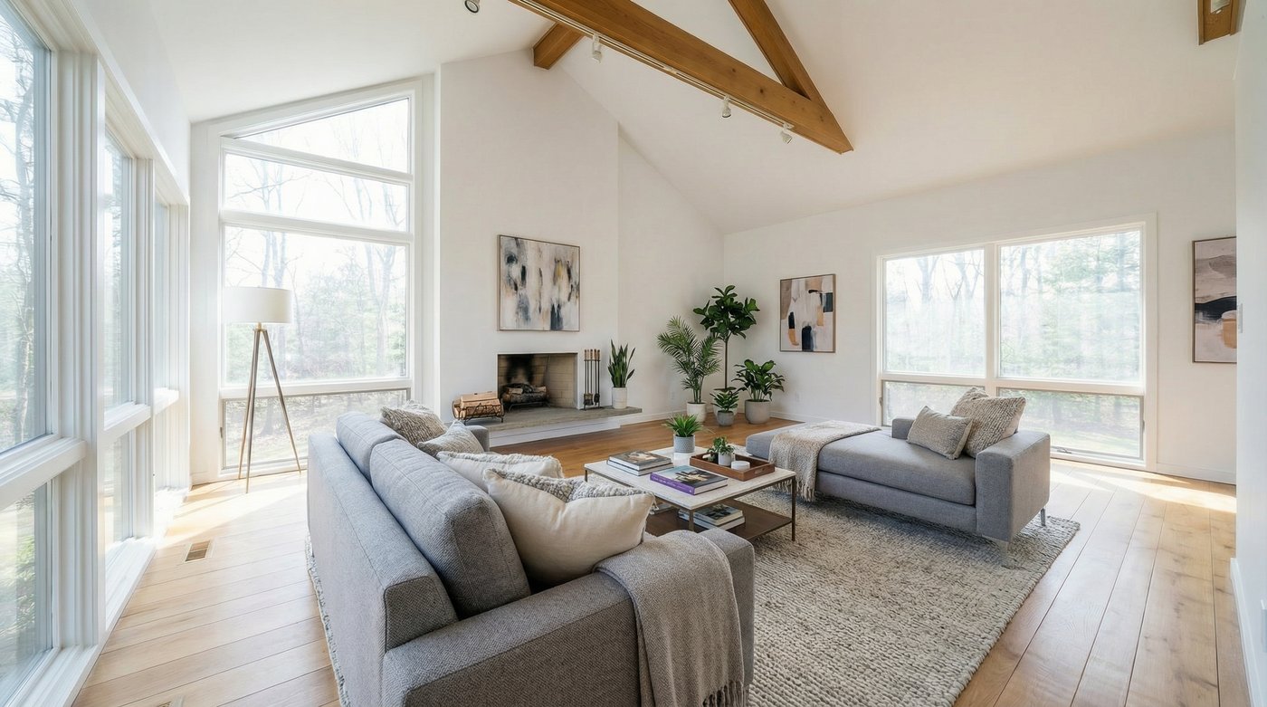 After virtual staging - beautifully furnished living room